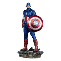 Iron Studios Captain America Battle of NY 1/10 scale statue in a front view, wearing a blue suit and holding his shield.