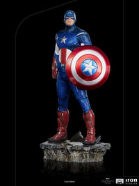 Iron Studios 1/10 Captain America Battle of NY statue in a front view, wearing a blue suit and holding his iconic shield.