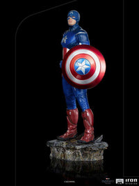 Side view of Iron Studios Captain America 1/10 scale statue, featuring his iconic red, white, and blue shield and suit.