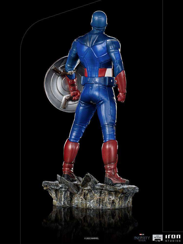Back view of Iron Studios Captain America Battle of NY 1/10 scale statue featuring his iconic shield and rocky base.