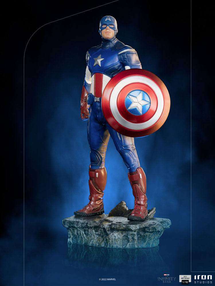 Front view of Iron Studios Captain America Battle of NY 1/10 scale statue in blue suit with iconic red and silver shield.