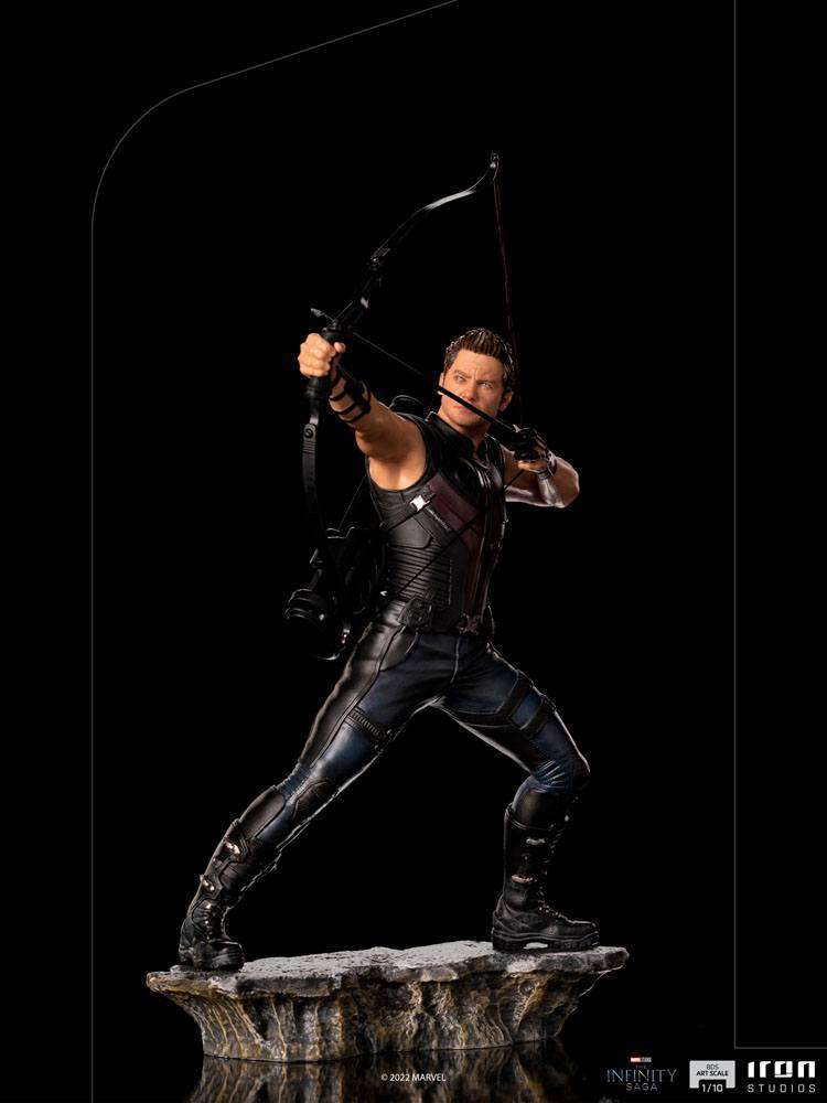 Iron Studios Hawkeye 1/10 scale statue from The Infinity Saga, featuring the hero aiming his bow on a rocky base.