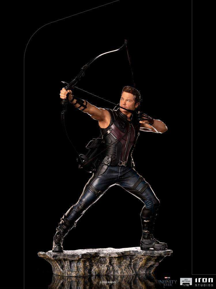 Iron Studios Hawkeye 1/10 scale statue from The Infinity Saga, featuring the hero aiming a bow on a rocky base.