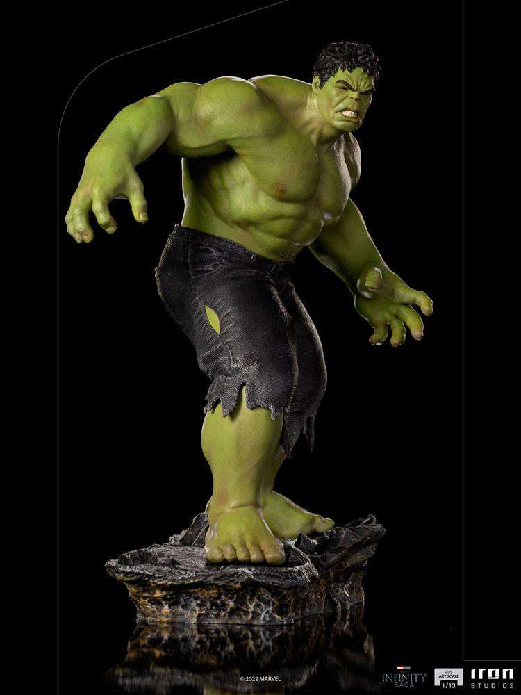 Iron Studios 1/10 Hulk Battle of NY statue in a side view, featuring green skin and tattered black pants on a rocky base.