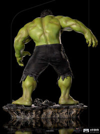 Back view of Iron Studios Hulk 1/10 scale statue from The Infinity Saga, showing muscular green skin and black shorts.