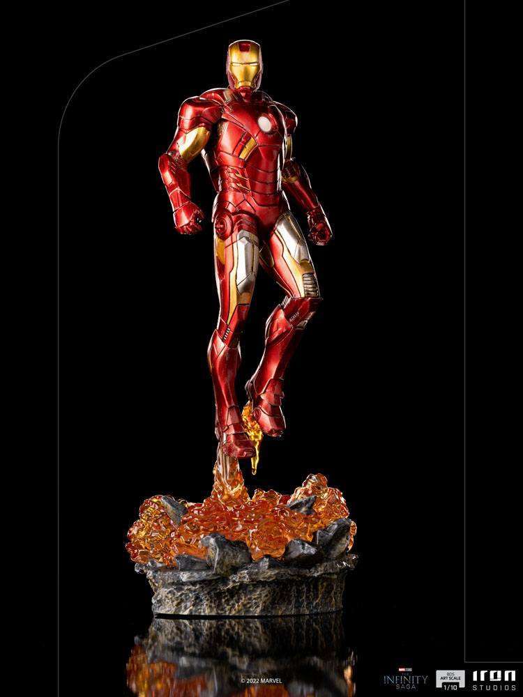 Iron Studios 1/10 Iron Man Battle of NY statue in red and gold armor, hovering over a fiery, rocky debris base.