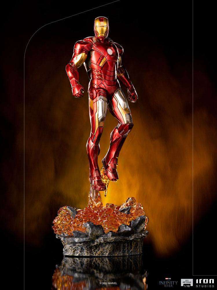 Iron Studios 1/10 Iron Man Battle of NY statue in red and gold armor hovering over a fiery, rocky debris base.