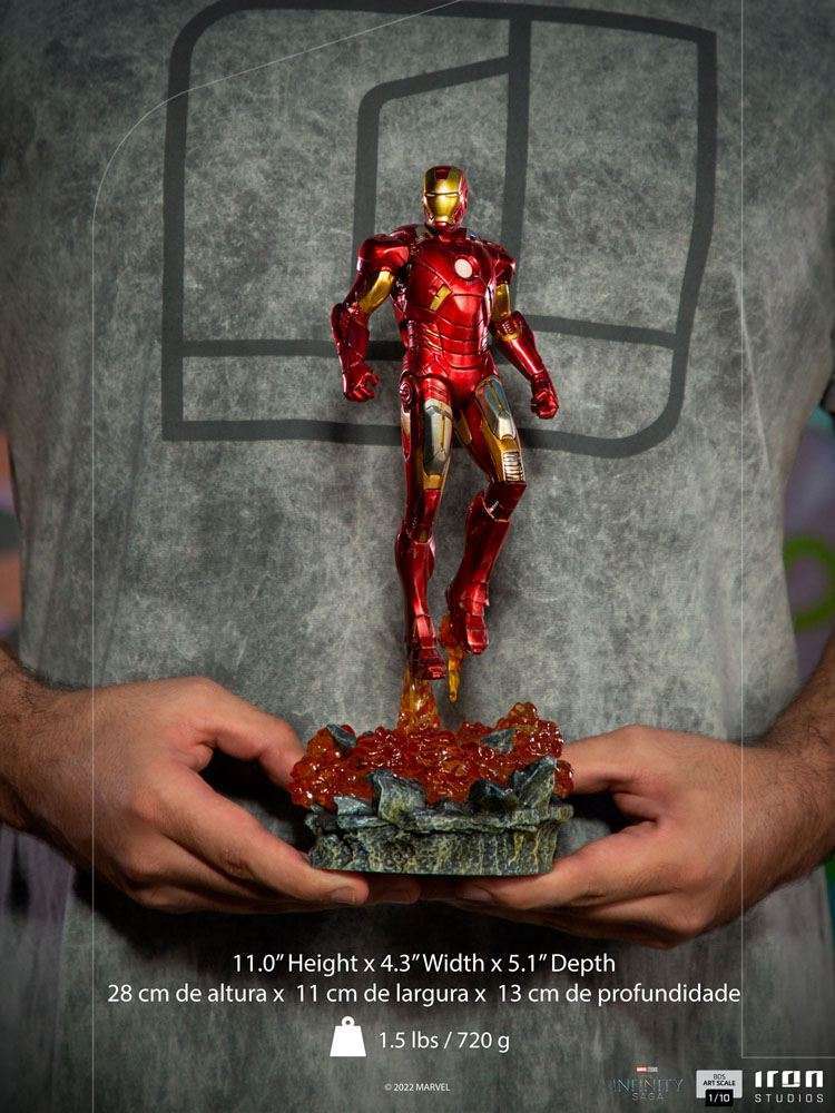 Iron Studios 1/10 Iron Man Battle of NY statue in red and gold armor hovering over a rocky, fiery base.