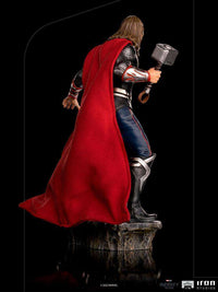 Rear view of Iron Studios Thor Battle of NY 1/10 scale statue featuring a flowing red fabric cape and Mjolnir.