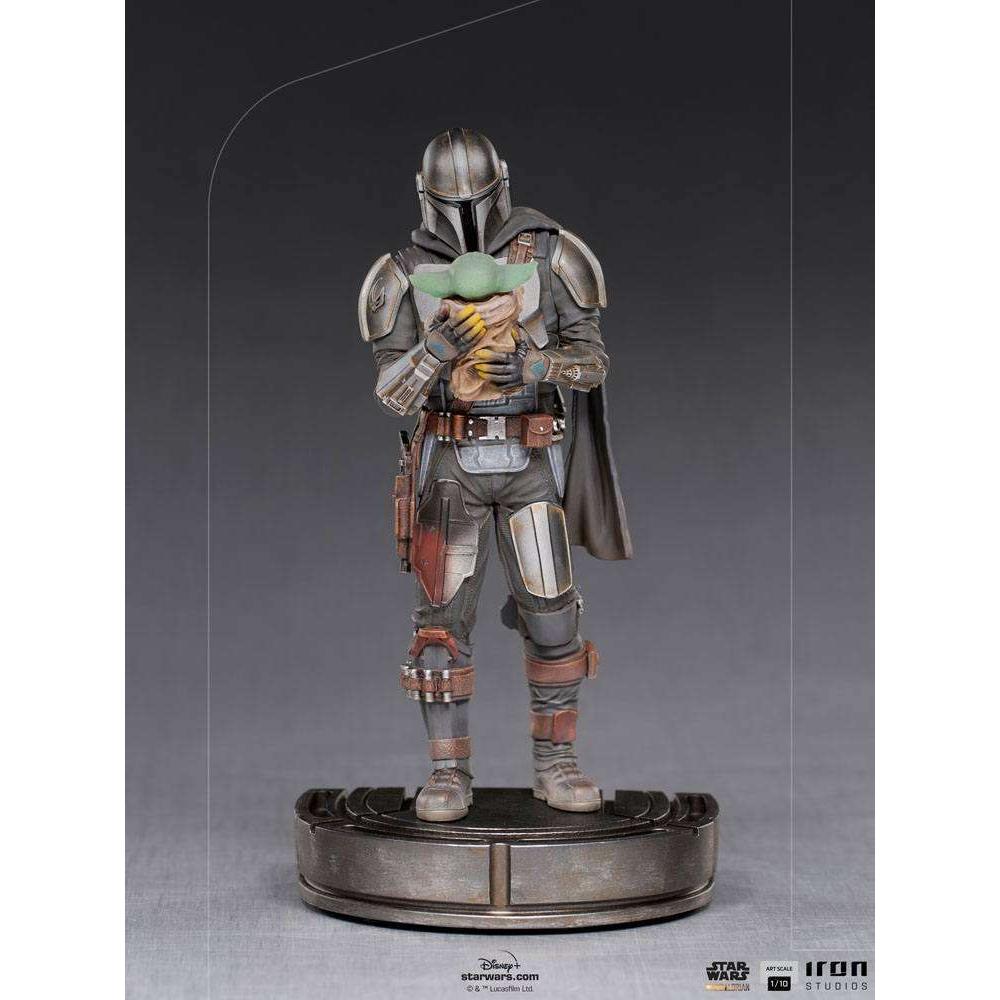 Front view of the Iron Studios 1/10 scale Mandalorian and Grogu statue featuring detailed metallic armor and base.