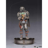 Front view of the Iron Studios 1/10 scale Mandalorian and Grogu statue featuring detailed metallic armor and base.