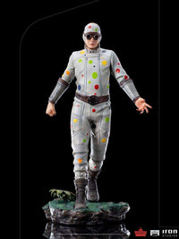 Front view of Iron Studios Polka-Dot Man 1/10 scale statue in a white suit with colorful dots on a rocky base.