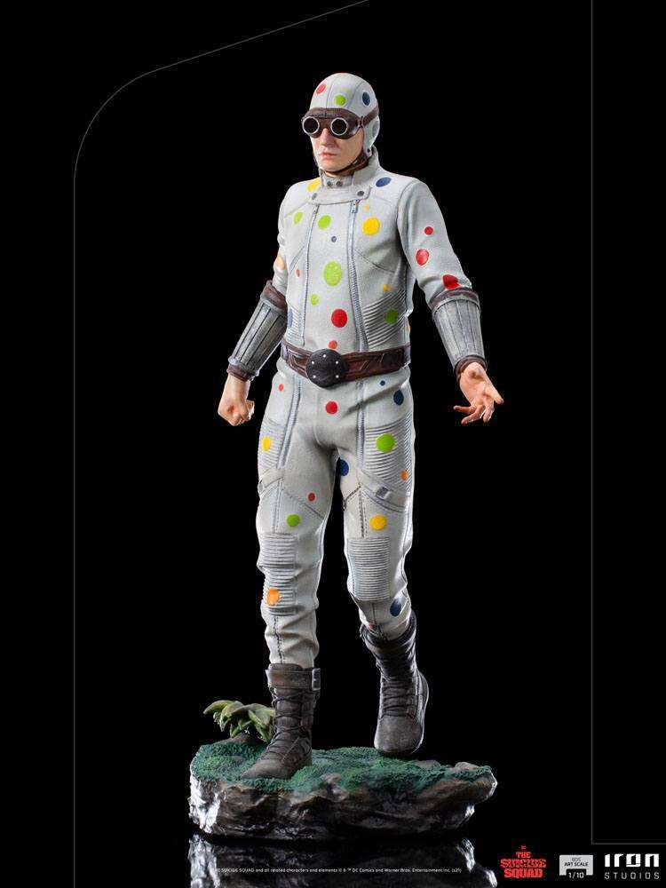 Iron Studios Polka-Dot Man 1/10 scale statue in a white, multi-colored polka-dot suit with goggles on a rocky base.
