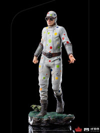 Iron Studios Polka-Dot Man 1/10 scale statue in a white, multi-colored polka-dot suit with goggles on a rocky base.