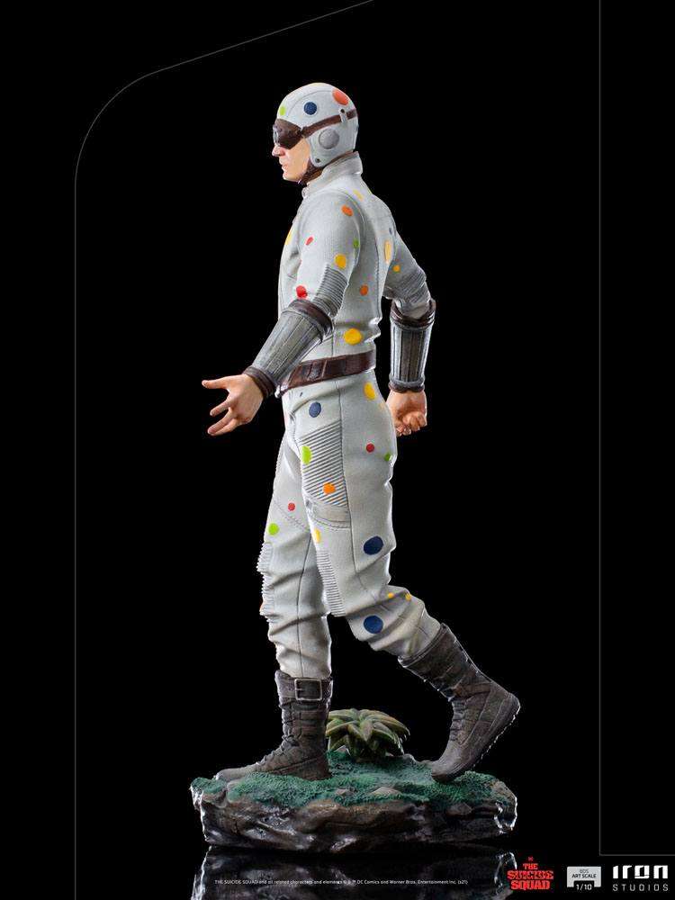 Side view of Iron Studios Polka-Dot Man 1/10 scale statue featuring a white suit with colorful dots on a base.