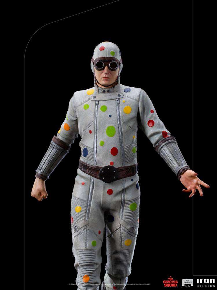 Front view of the 21 cm Iron Studios Polka-Dot Man statue featuring a grey suit with colorful dots and goggles.