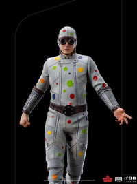 Front view of the 21 cm Iron Studios Polka-Dot Man statue featuring a grey suit with colorful dots and goggles.