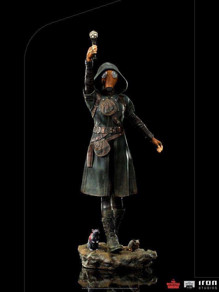 Iron Studios Ratcatcher II 1/10 scale statue in a dark coat, gas mask, and hood, holding a staff with rats on the base.