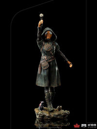 Iron Studios Ratcatcher II 1/10 scale statue in a dark coat, gas mask, and hood, holding a staff with rats on the base.