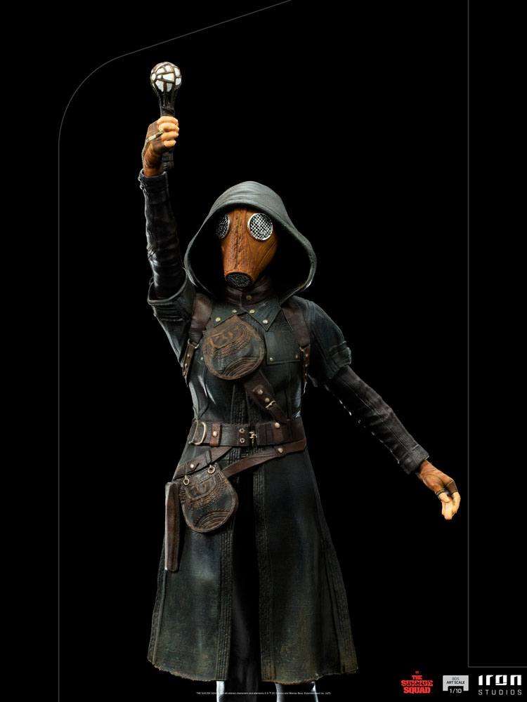 Iron Studios 1/10 Ratcatcher II statue from The Suicide Squad, featuring a hooded figure holding a glowing staff.
