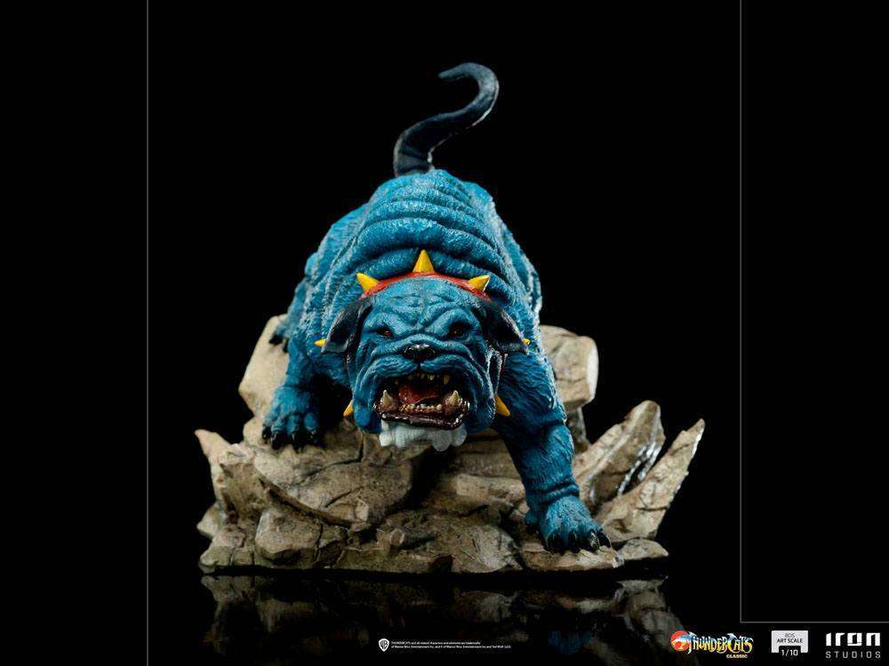 Front view of Iron Studios Ma-Mutt 1/10 scale statue, a blue bulldog figure with a spiked collar on a rocky base.