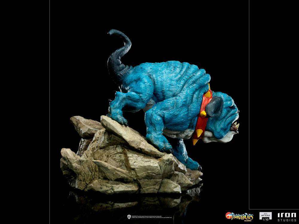 Side view of the Iron Studios 1/10 scale Ma-Mutt statue, featuring a blue bulldog on a rocky base with a red spiked collar.