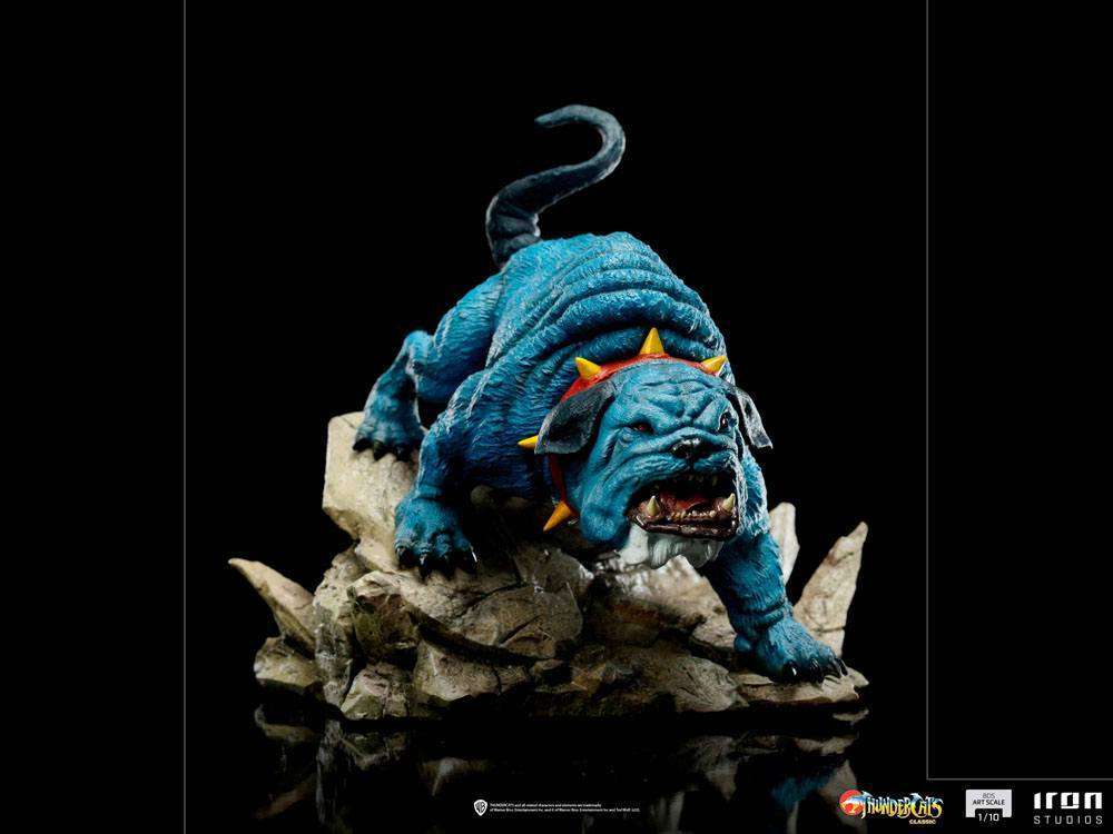 Iron Studios 1/10 scale Ma-Mutt statue from ThunderCats, featuring a blue bulldog on a rocky base, front view.