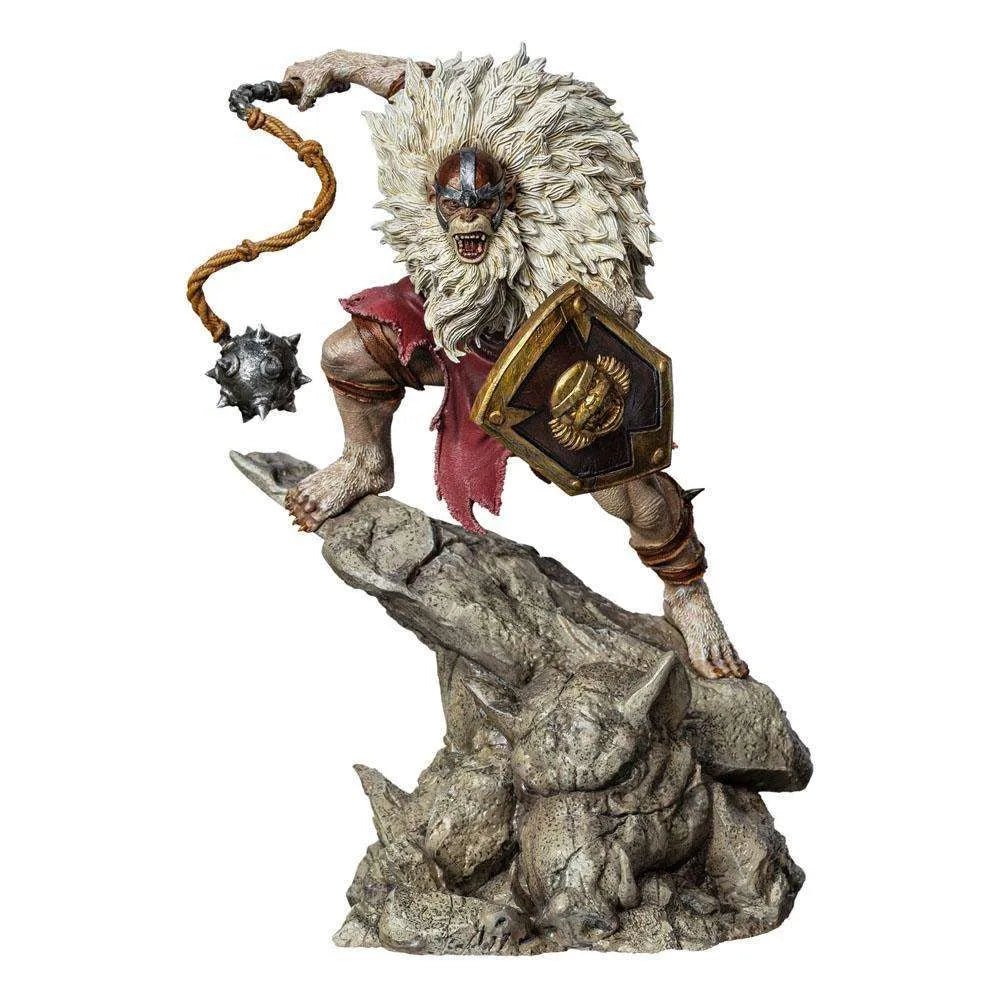 Iron Studios Monkian 1/10 scale statue featuring the monkey-like villain with a spiked flail and shield on a rocky base.