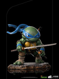 Iron Studios Leonardo Mini Co. PVC figure in a front view, featuring the green turtle with blue mask and katana sword.