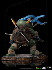 Back view of Iron Studios Leonardo Mini Co. PVC figure, showing the turtle shell with crossed katanas and blue mask.