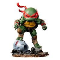 Iron Studios TMNT Mini Co. Raphael PVC figure in a front view, featuring the green turtle with red mask and dual sais.