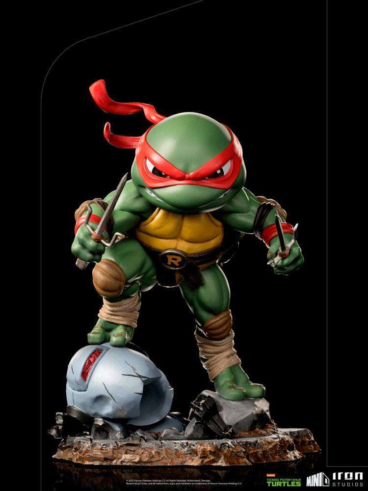 Iron Studios Raphael Mini Co. PVC figure, 16 cm, in a dynamic front view wielding twin sais on a rubble base.