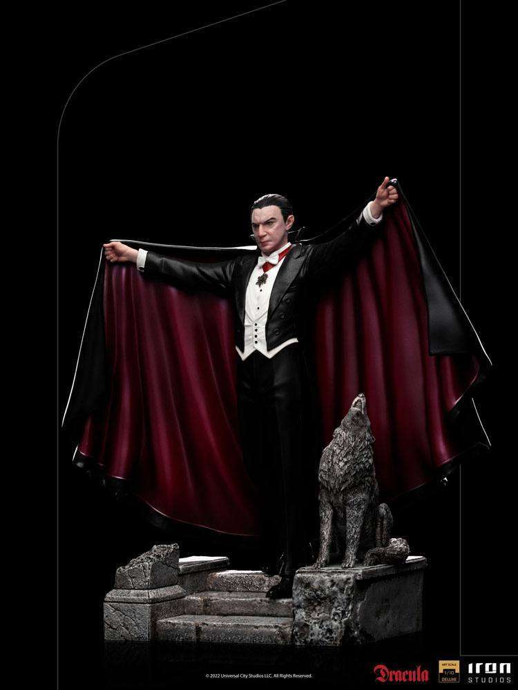 Iron Studios 1/10 scale Dracula statue featuring the vampire in a black tuxedo and red-lined cape with a howling wolf.
