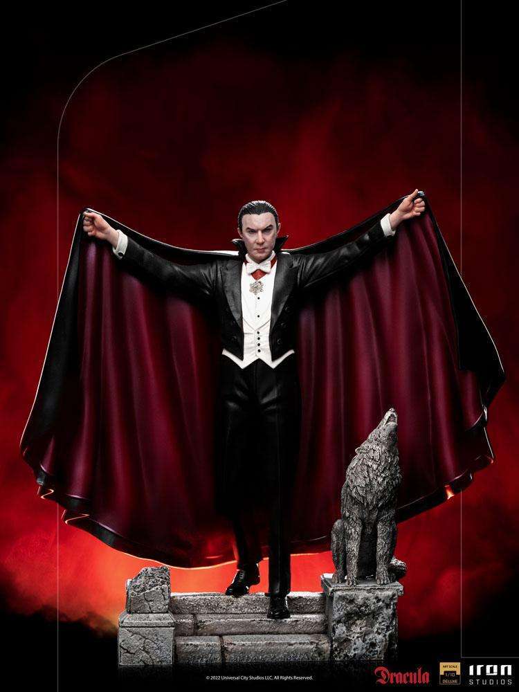 Iron Studios 1/10 scale Dracula statue featuring the vampire in a black cape with a wolf on a stone base, front view.