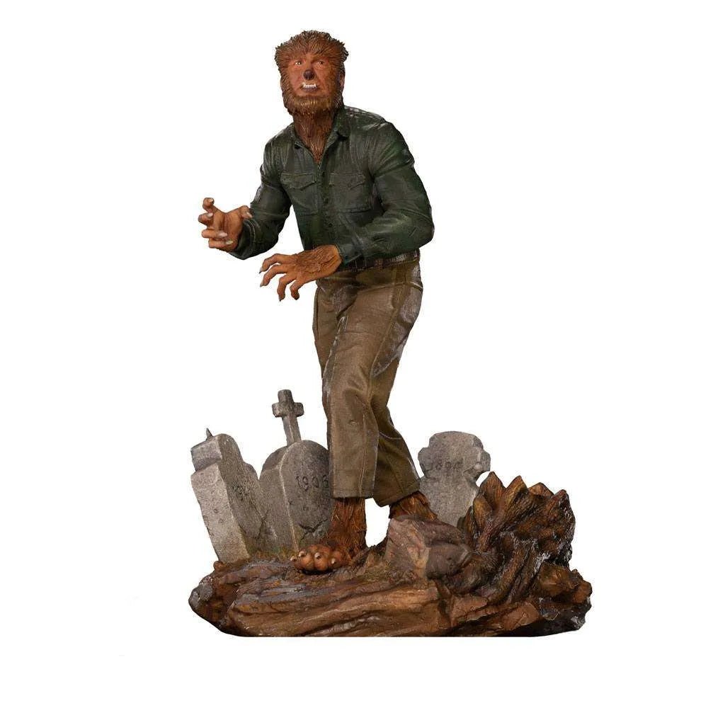 Iron Studios The Wolf Man 1/10 scale statue featuring the hairy monster in a green shirt standing on a graveyard base.