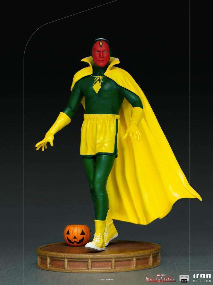 Iron Studios Vision Halloween Version 1/10 scale statue in a green and yellow costume with a jack-o'-lantern base.