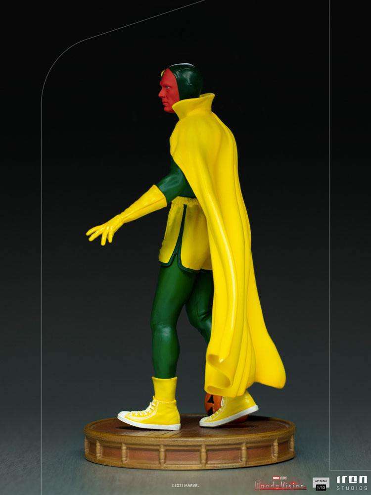 Side view of Iron Studios Vision Halloween Version 1/10 scale statue in a green suit, yellow cape, and yellow sneakers.