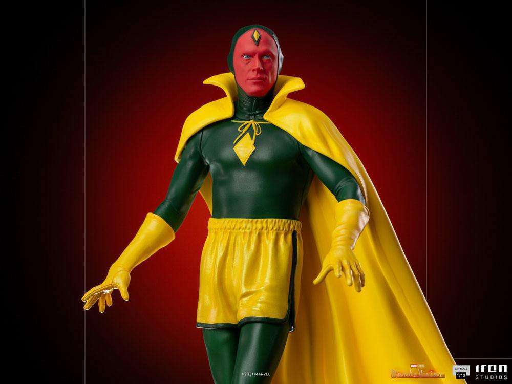 Front view of the 22 cm Iron Studios Vision Halloween Version 1/10 scale statue in a green suit and yellow cape.