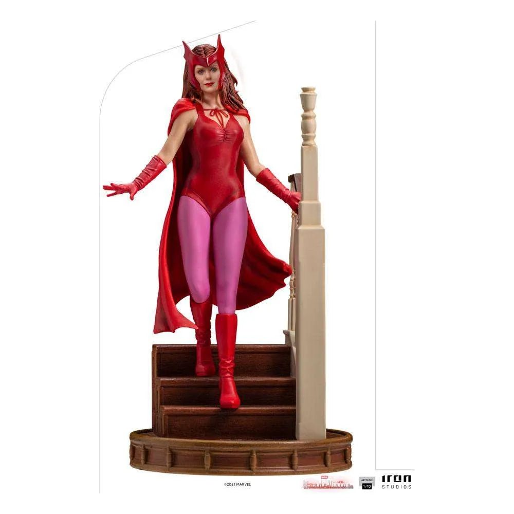 Iron Studios WandaVision 1/10 scale statue of Wanda in her red Halloween costume descending a wooden staircase.