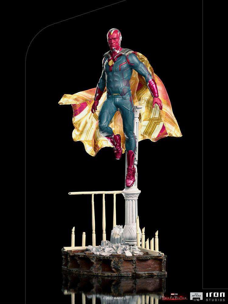Iron Studios 1/10 Vision statue from WandaVision, featuring a floating pose with a yellow cape on a detailed base.