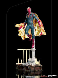 Iron Studios 1/10 Vision statue from WandaVision, featuring a floating pose with a yellow cape on a detailed base.