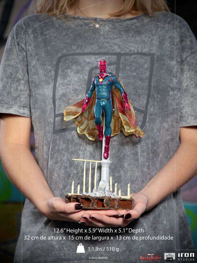 Iron Studios 1/10 scale Vision statue from WandaVision, featuring a floating pose with a fabric cape on a base.