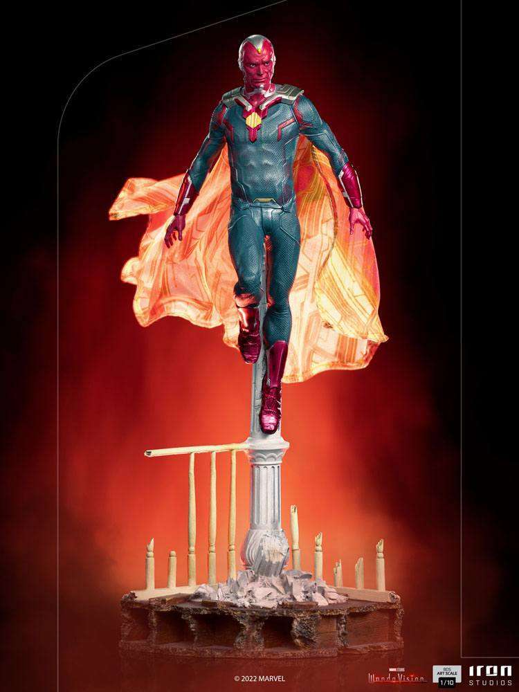 Iron Studios 1/10 Vision statue from WandaVision, featuring the hero floating above a detailed ruins base.