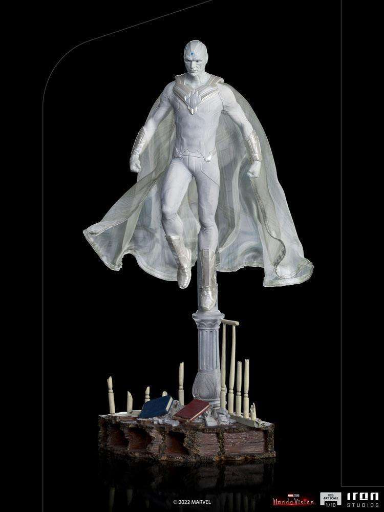 Iron Studios 1/10 White Vision statue from WandaVision, featuring a floating figure in a white suit on a detailed base.