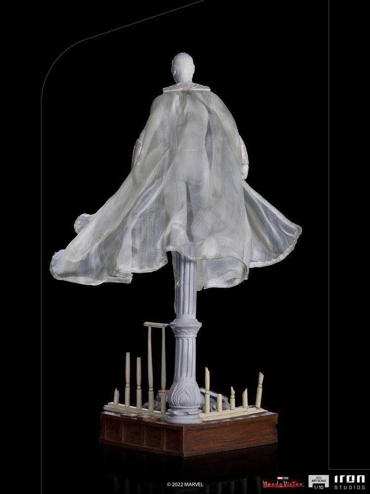 Back view of the Iron Studios White Vision 1/10 scale statue, featuring a flowing cape atop a detailed pillar base.