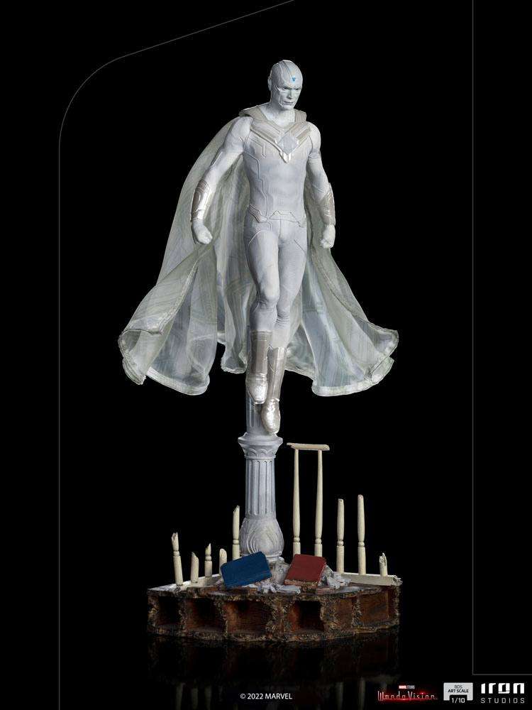 Iron Studios White Vision 1/10 scale statue floating above a detailed base with books and broken pillars.