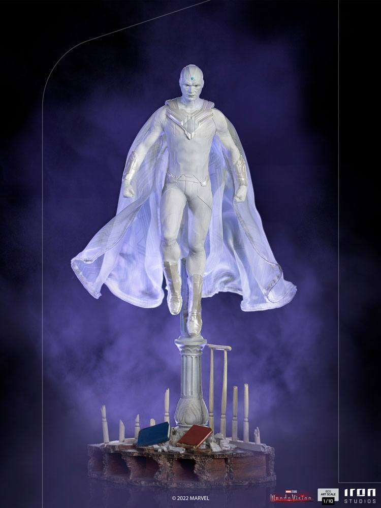 Iron Studios 1/10 White Vision statue from WandaVision, featuring a floating figure in a white suit on a pillar base.