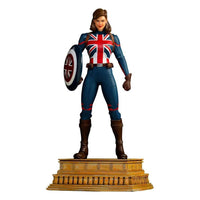 Front view of Iron Studios 1/10 Captain Carter statue in a Union Jack suit with shield on a textured display base.