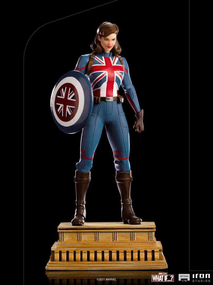 Iron Studios 1/10 Captain Carter statue from What If...? featuring a Union Jack suit, shield, and brown boots.
