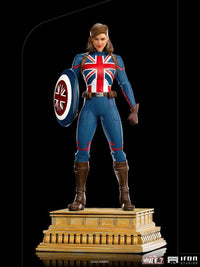 Front view of 24 cm Iron Studios Captain Carter 1/10 scale statue in a Union Jack suit with shield on a stone base.